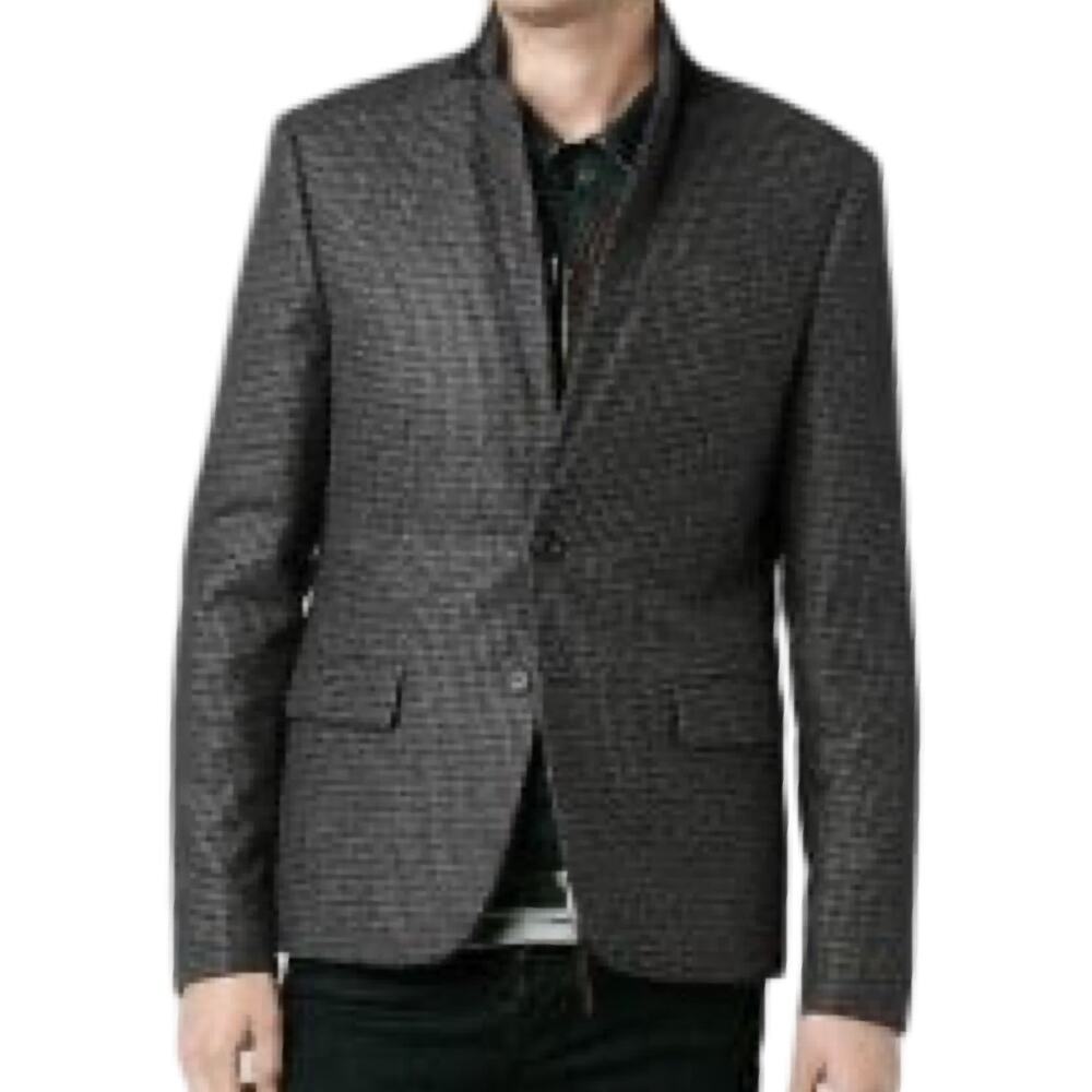 AllSaints Bermen Wool Plaid Blazer Charcoal Gray Leather Elbow Patch Size 36